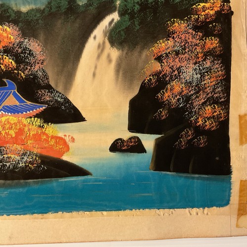 vintage japanese painting on silk Temple Waterfall Mt Fugi Background 18x14.5 - Picture 5 of 13