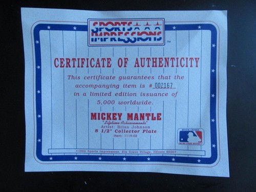 NEW 1991 Sports Impressions Mickey Mantle Plate “Lifetime Achievements” COA NIB - Photo 5/6