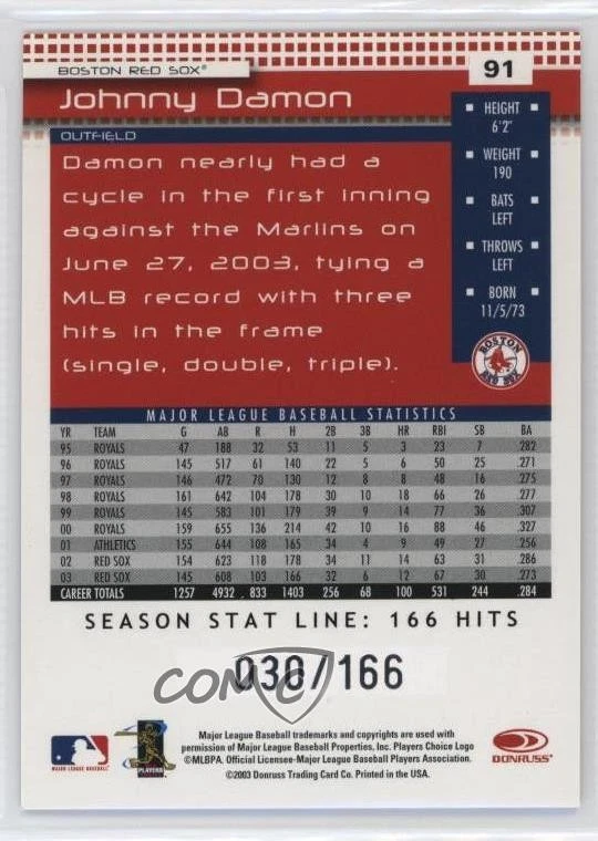2004 Donruss Stat Line Season /166 Johnny Damon #91 - Image 2 of 2
