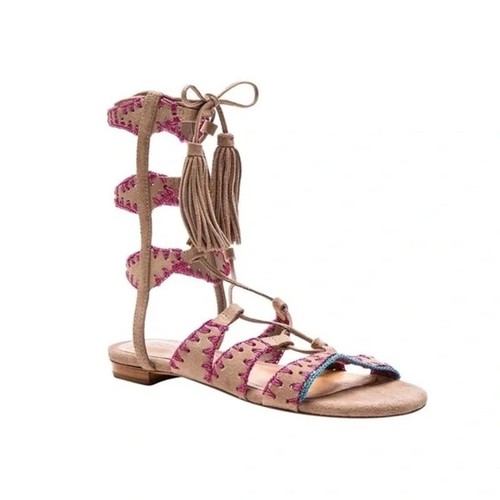 Schutz x Anahid Krile Sz 7 Willow Tan Lace Up Embroidered Gladiator Sandals Boho - Picture 2 of 13