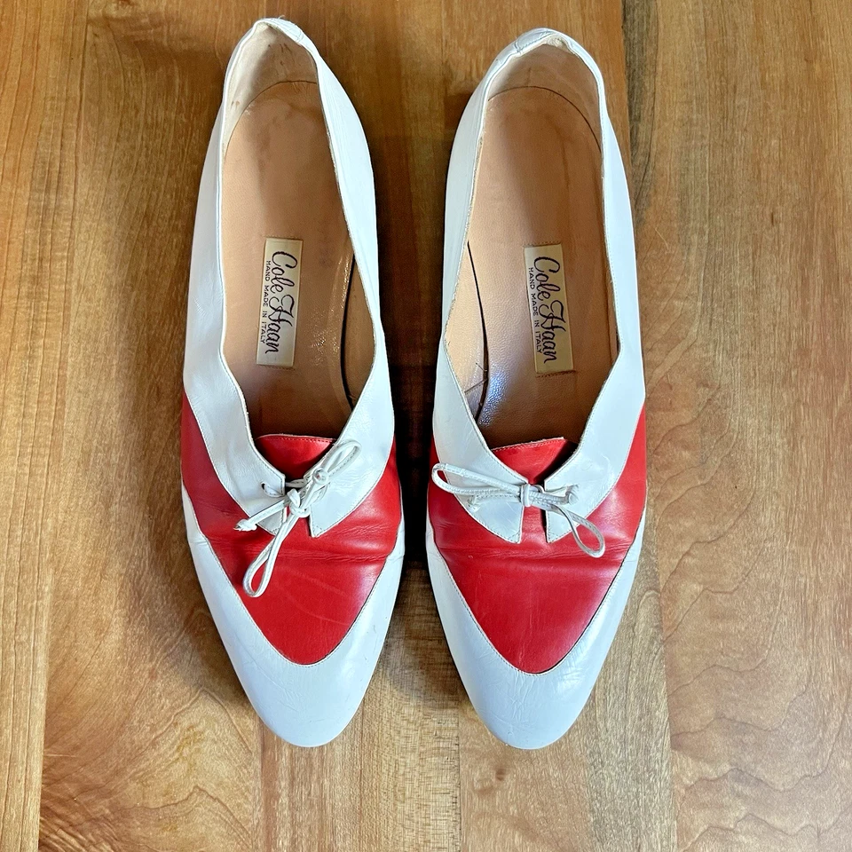Vintage 70s Womens Cole Haan Leather Oxfords Red White Made in Italy Flats 9 - Image 2 of 4