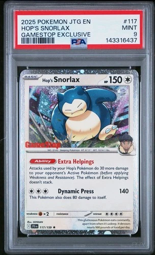 2025 POKEMON JTG EN-JOURNEY TOGETHER GAMESTOP EXCLUSIVE #117 HOP'S SNORLAX PSA 9