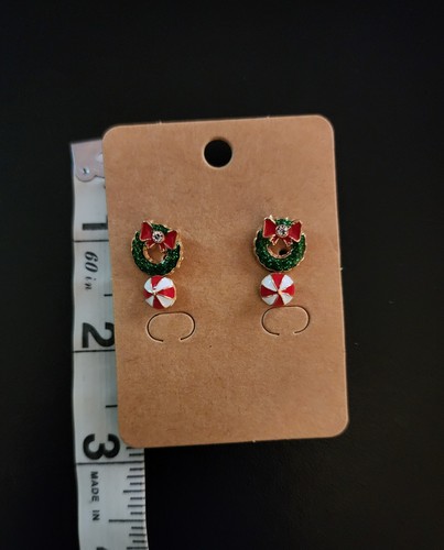 Christmas Earrings Jewelry Wreath Metal Gold-tone Stud Festive Holiday Gift - Picture 2 of 2