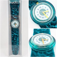 NOS Swatch Midi Pop PMK103 "Green Queen" 1993 Vintage Teal Velvet Strap Roman Di