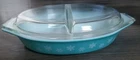 Vintage Pyrex Snowflake Garland Divided Casserole W Lid 1.5 Quart Turquoise MCM