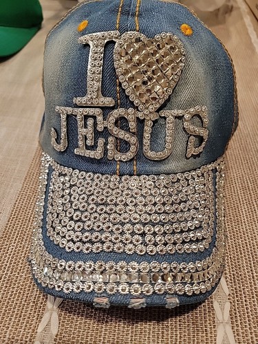 Women’s Rhinestone I LOVE JESUS Hat, Bling Blue Denim Adult Baseball Hat - Picture 2 of 6