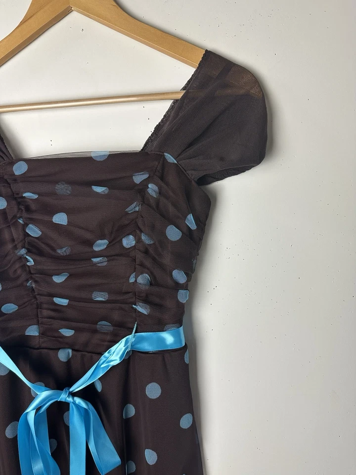 Vtg BCX Dress Fit Flare Brown Blue Polka Dot Mesh Y2k 90s Retro Pinup Cocktail 7 - Image 4 of 4