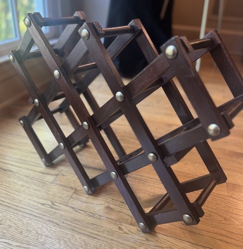 Vintage dunkles Holz Messing Akkordeon Holz Flasche Weinregal Mid Century Retro - Bild 2 von 7