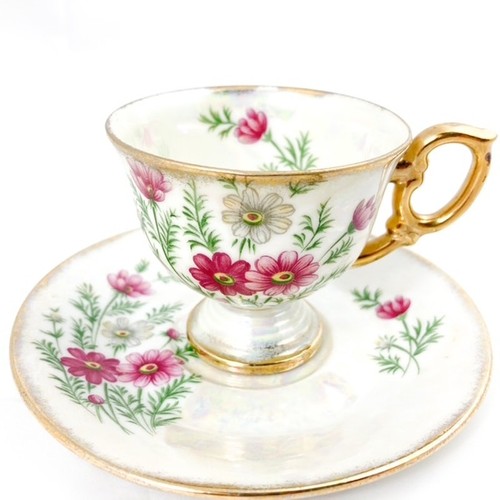 October Cosmos Demitasse Cup Saucer Japan Lusterware Gilded trim hand painted - Picture 1 of 11