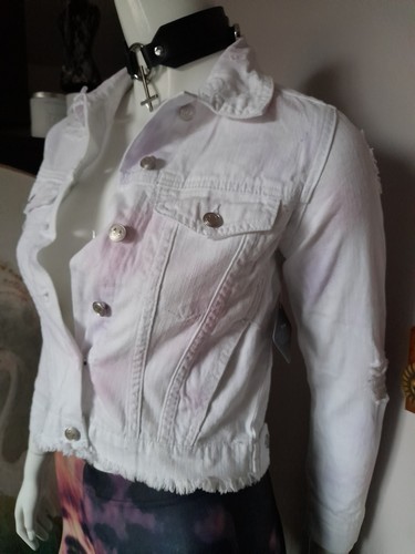 Drop Dead Clothing White Dnm Jacket Distressed Smiley Acid Ecstasy Size 4 Petite - Picture 9 of 24