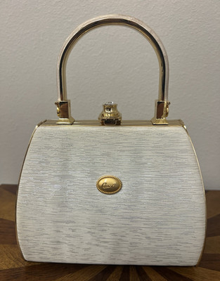Carven Ivory & Gold Trapezoid Top Handle Bag Clasp Prom Formal Elegant Wedding