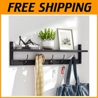 Wall-Mounted Shelf with 5 Dual Hooks - Black