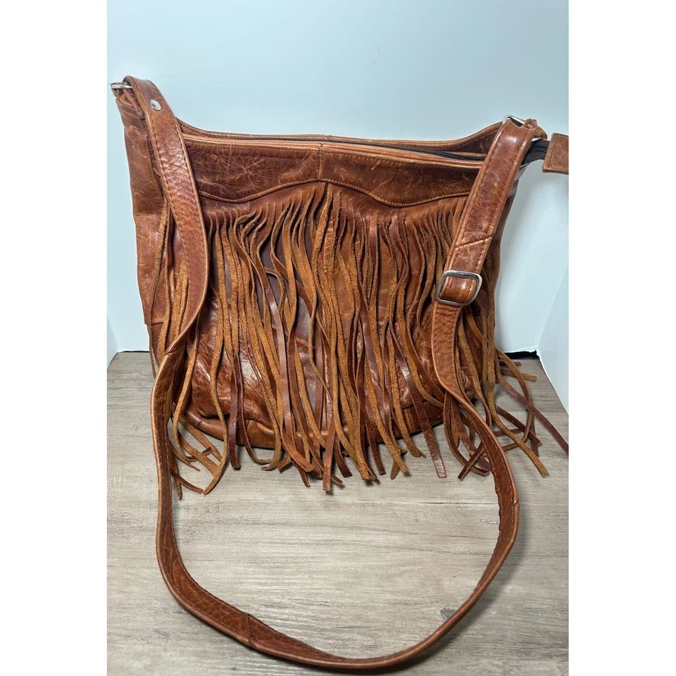 Bolso de Hombro Hobo con Flecos de Cuero Marrón Envejecido Estilo Boho Western Foto 3 de 4