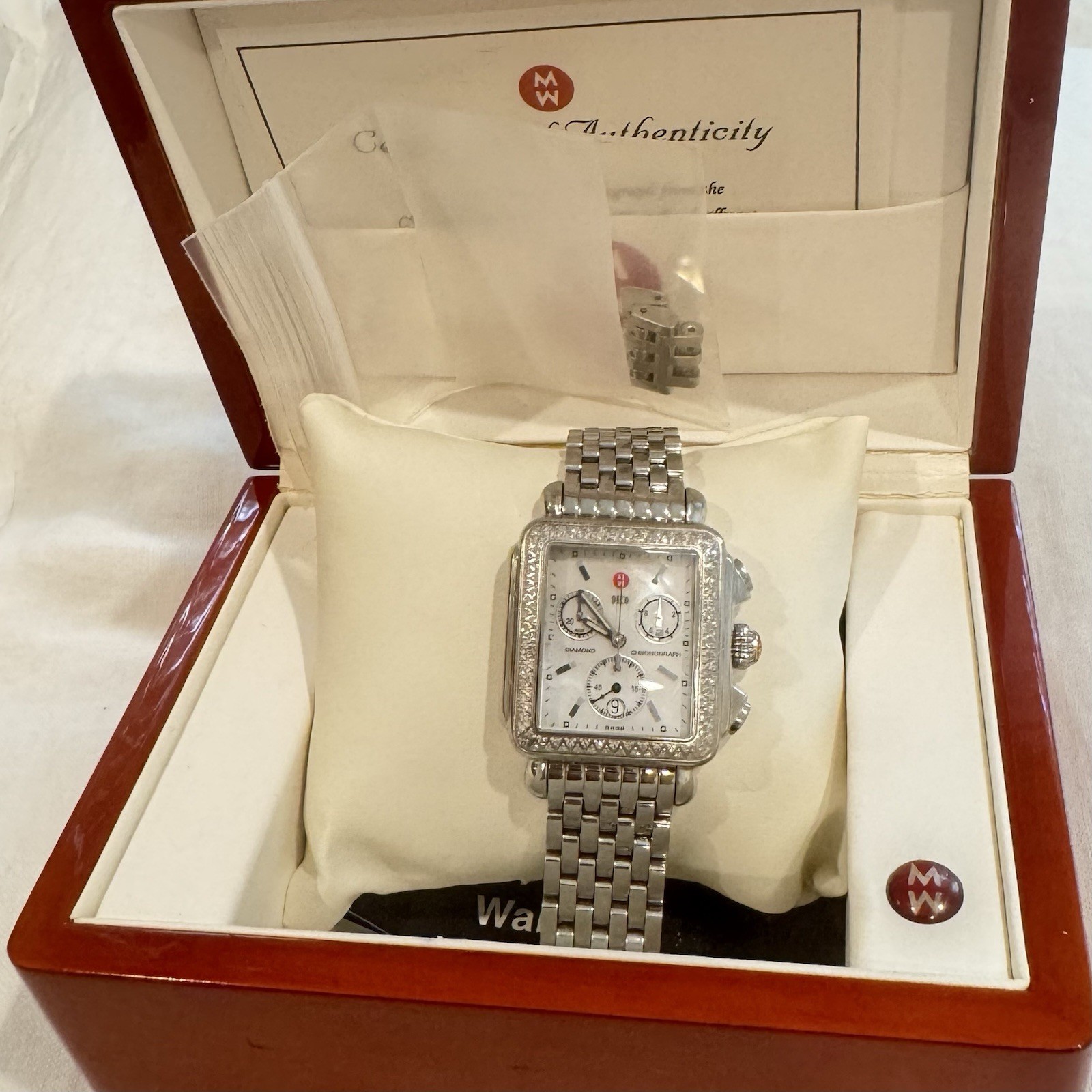 Michele Deco Chronograph Stainless Steel Diamonds Mother-of-Pearl Dial Date.