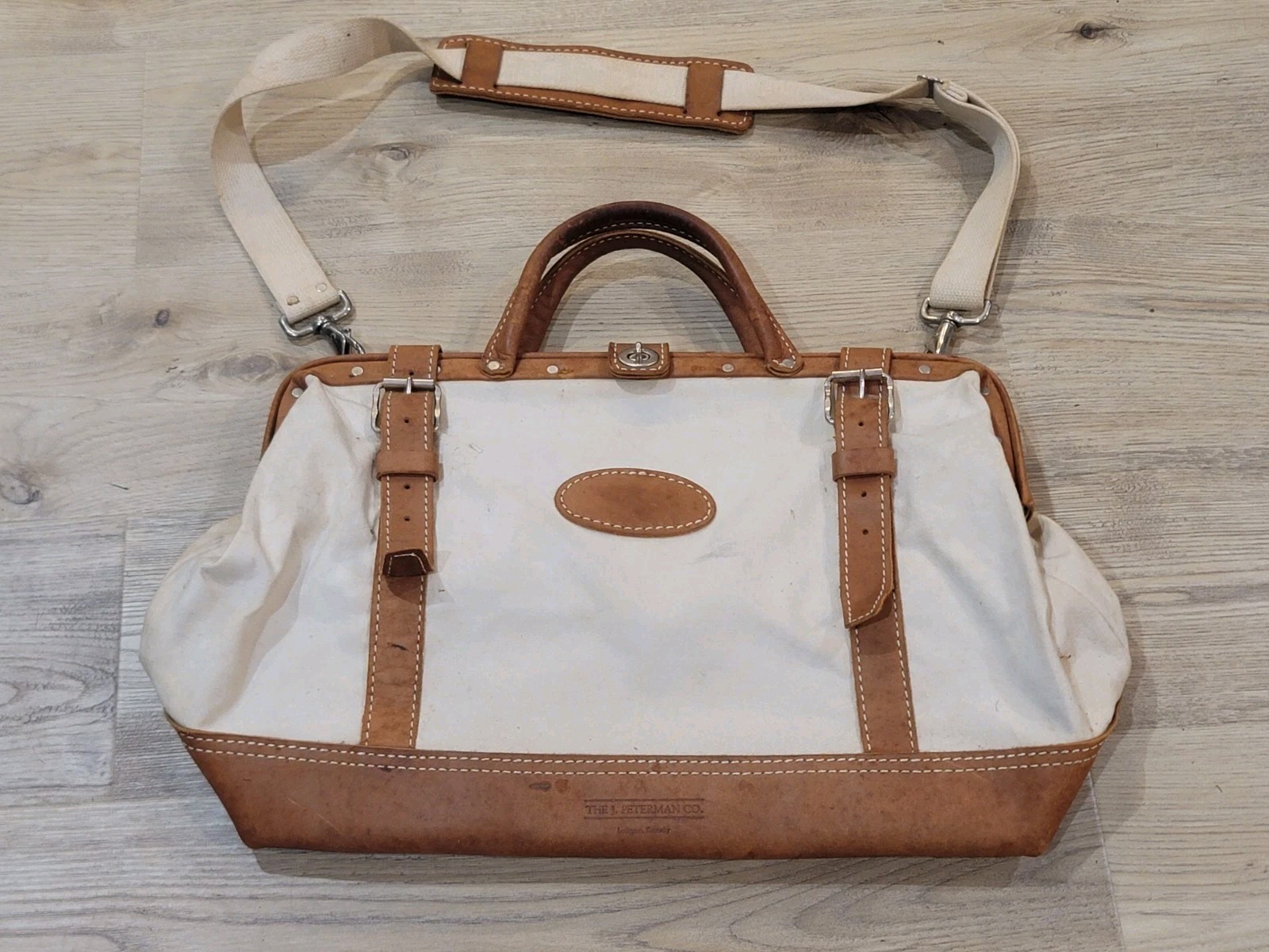 J. Peterman Company Vintage Canvas Leather Duffle Bag 17.5x8.5x13