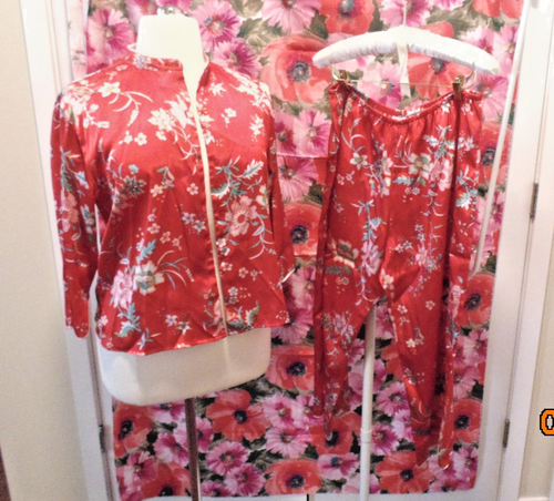 Vintage Cruz 2-Piece Red Print Asian Flower Design Pajama Set Women Size Medium - Picture 1 of 8