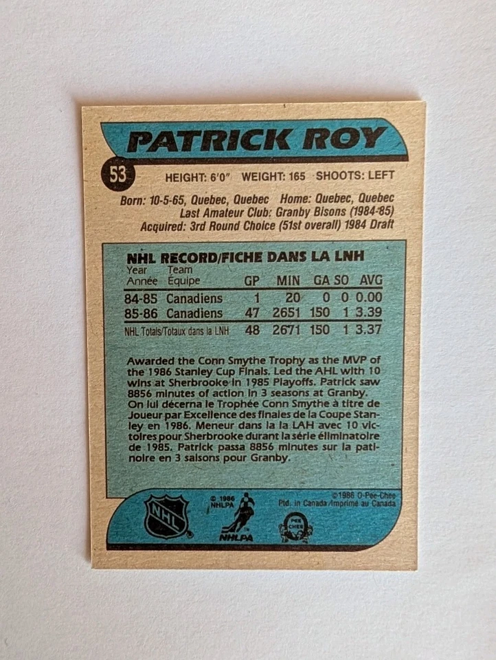 Patrick Roy 1986-87 O-Pee-Chee Rookie #53 OPC Montreal Salón de la fama RC Foto 4 de 4