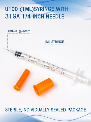 1Ml Syringe with Cap 31G 1/4-Inch 6Mm Syringes, Pack of 100, Disposable 1Cc 31 G - Picture 7 of 12