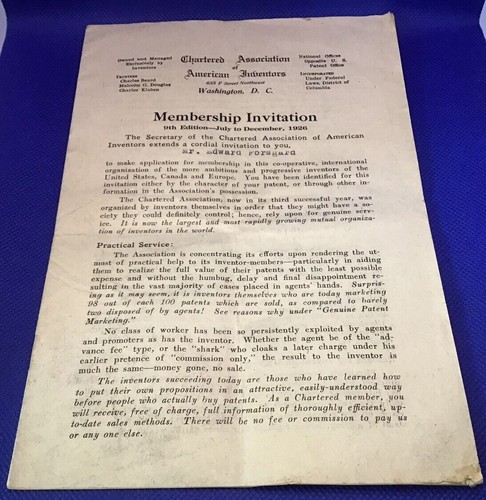 Invitación de membresía de la Asociación de Inventores Americanos 1926 Washington DC - Imagen 2 de 3