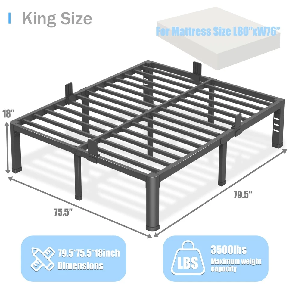 Marco de cama tamaño king de 18 pulgadas con patas redondas en las esquinas y colchones con orificios para cabecero... Foto 3 de 4