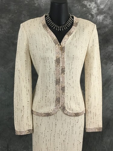 BEAUTIFUL St John evening knit ivory gold rhinestone embellished skirt suit 2 4 - Picture 4 of 9