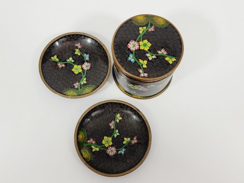 Antigua taza oriental cubierta de cloisonne de latón y 2 platos pequeños esmalte azul - Imagen 2 de 12