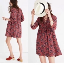 NWT Madewell 100% Silk Lace-Up Babydoll Dress Floral Assam Size M 3/4 Sleeve