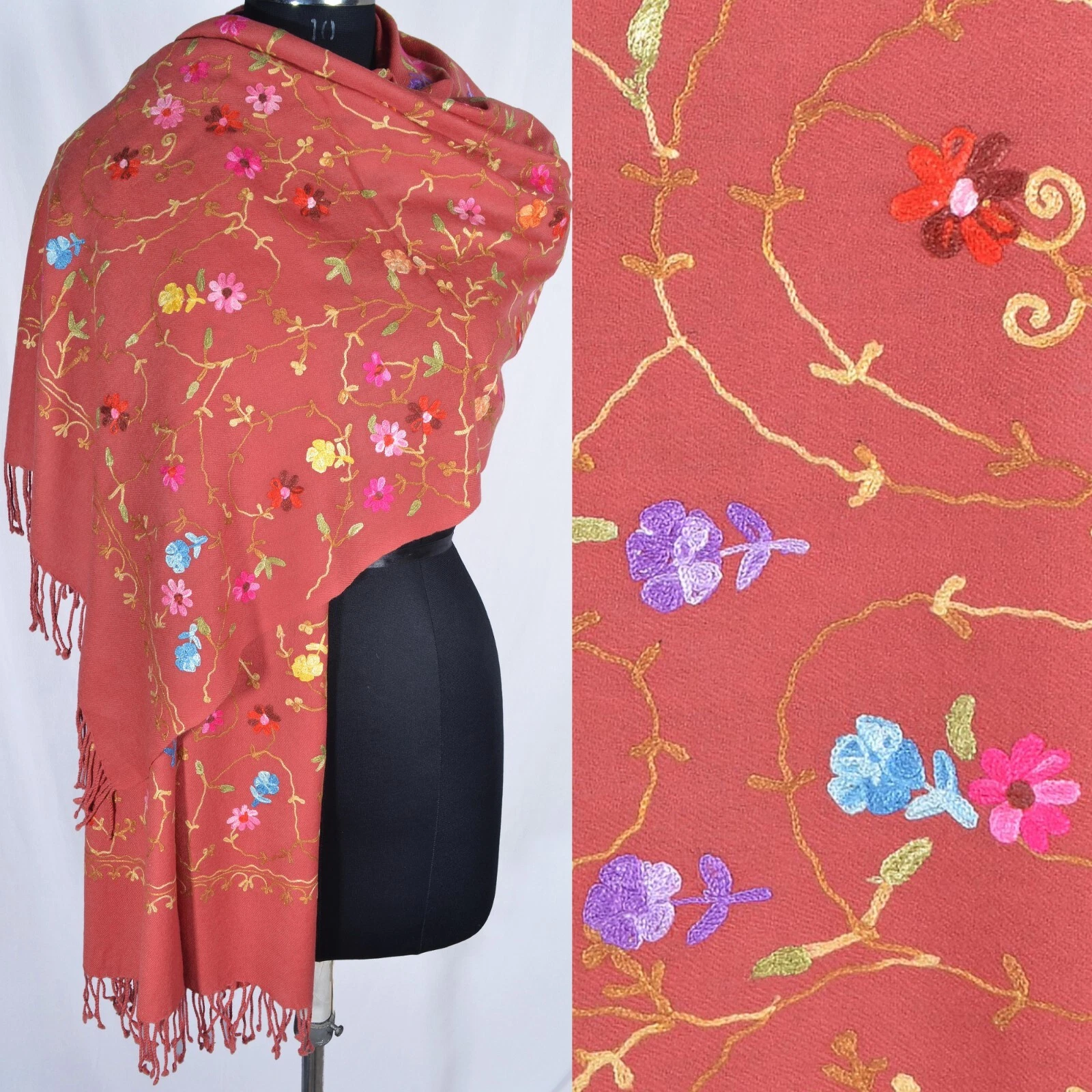 Coral Pink-Orange Floral Scarf Crewel Embroidery 100% Cashmere Pashmina Kashmiri