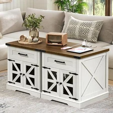 White Farmhouse End Table Set of 2, 24" Large Sofa Side Table with Drawer
