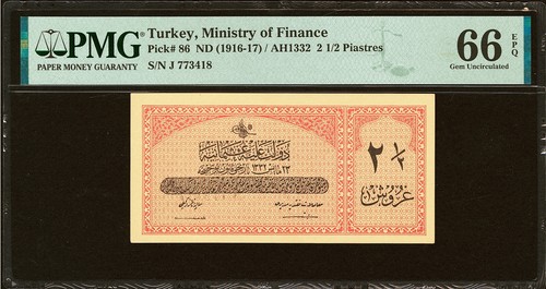 Turchia Impero Ottomano 2 1/2 Piastres ND (1916-17) Pick-86 GIOCO PERFETTO UNC PMG 66 EPQ - Foto 1 di 2