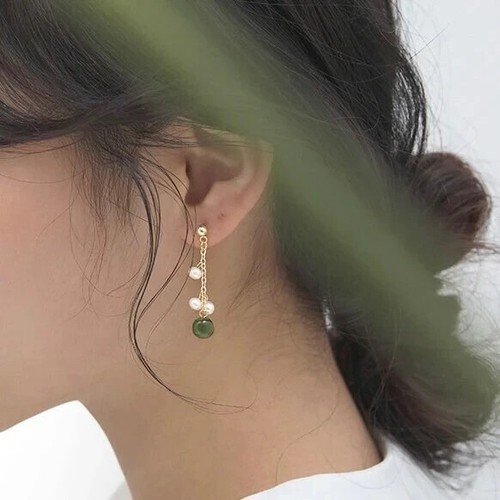 18K Gold Plated 3mm Tiny Pearls 8mm Dark Green Jade Earrings Flora Style