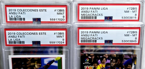 Lote de tarjetas de novato Panini Megacracks & Este Ansu Fati 2019 RC PSA 9 y 8 Barcelona - Imagen 3 de 3