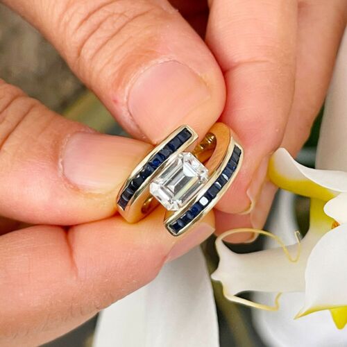 14K YELLOW GOLD EMERALD MOISSANITE AND NATURAL SAPPHIRES ENGAGEMENT RING 3.50CTW - Picture 11 of 12