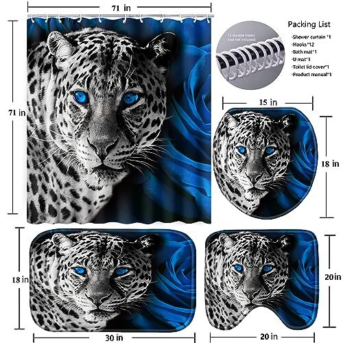 4 Pcs Bathroom Set,Rose and Leopard Shower Curtain Bright Style Shower Blue - Picture 7 of 7
