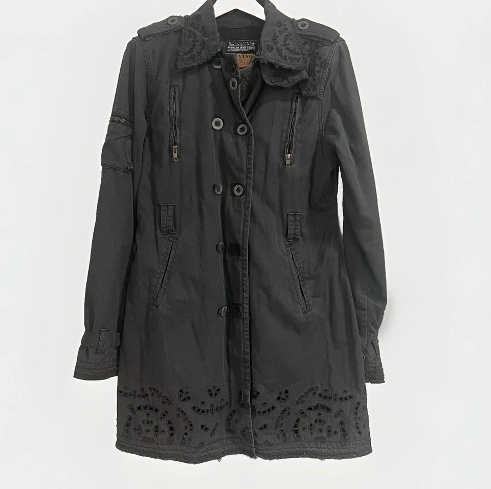 Da-Nang Womens Jacket Grey Navy Midlength Button Up Lined Heavy Weight Sz S - Image 2 of 4