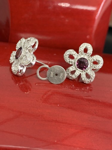 18K White Gold Natural 1.28CT Round Salmon Sapphire Diamond Studs Earring Unique - Picture 6 of 12