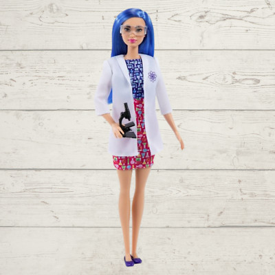 Barbie Scientist Doll 12'' Blue Hair,Color Block Dress, Lab Coat & Flat Shoes #S3