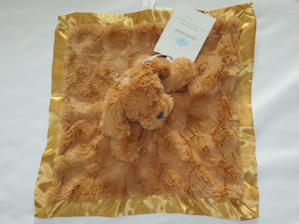 Cloud Island brown puppy dog security blanket lovey with gold satin trim and tag