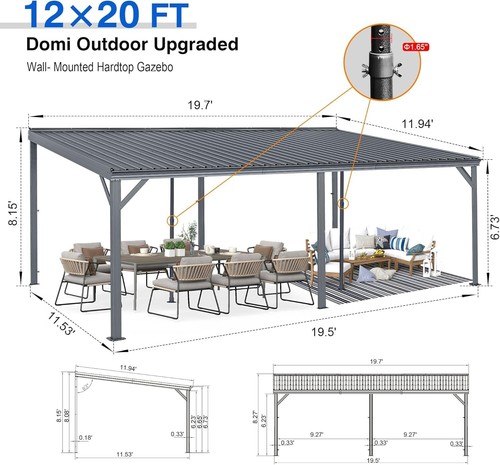 Domi 12x20FT Lean to Gazebo, Wall Mounted Gazebo w/Sloping Roof,Drainage System - Picture 2 of 8