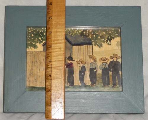 Signiertes gerahmtes Gemälde Becker ~ PA Dutch ~ Volkskunst ~ Amish Boys at Outhouse - Bild 2 von 7