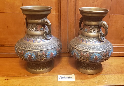 Pair of Tall Champleve Vases Bombe 10" High w/ Figural Elephant Head Handles - Picture 14 of 21