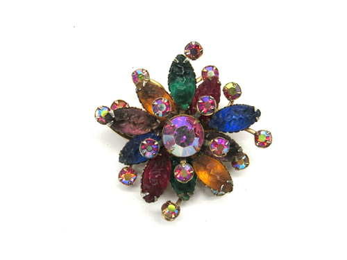 STUNNING Vintage Rhinestone & Lucite Multi Color Brooch Pin