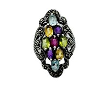 Large Sterling Silver Multi Gemstone Marcasite Ring Size 6.75 Ruby Garnet Topaz