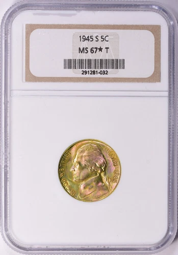 1945 S 5C Jefferson Nickel NGC MS67* Star T (Toned) Rainbow Color Rare Holder