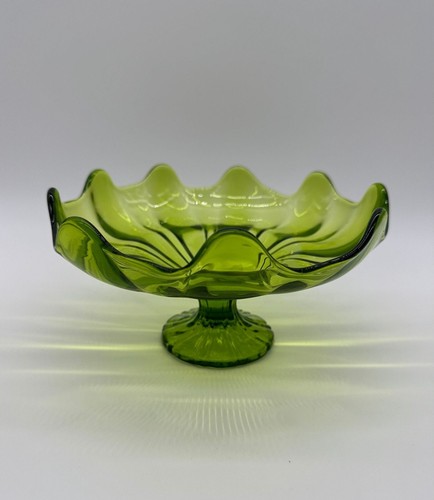 Vintage LE Smith Green Glass Bowl 8 Inch Pedestal Console Swung Dish Mid Century - Foto 2 di 9