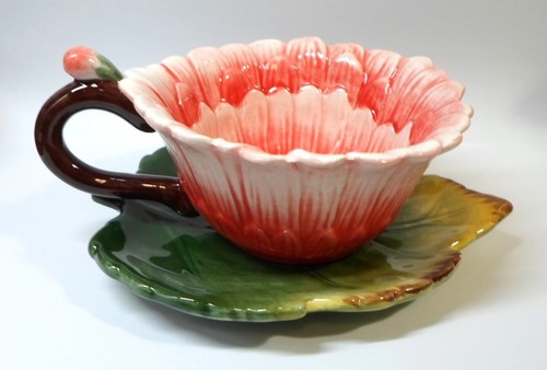 Ceramic GARDEN COLLECTION CUP & SAUCER - PINK FLOWER Green Leaf by Corner Ruby - Picture 7 of 10
