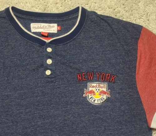 New York Red Bull MLS Mitchell & Ness Men’s Medium 3/4 Sleeve Soccer Shirt Blue - Picture 2 of 8