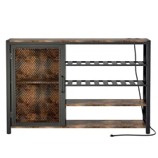 Wine Bar Cabinet Home Office Cupboard Storage Wood&Steel LED Light Power Outlets