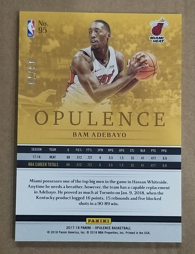2017-18 OPULENCE #95 RC 13/79 JERSEY NUMBER 1/1 BAM ADEBAYO - Picture 2 of 2