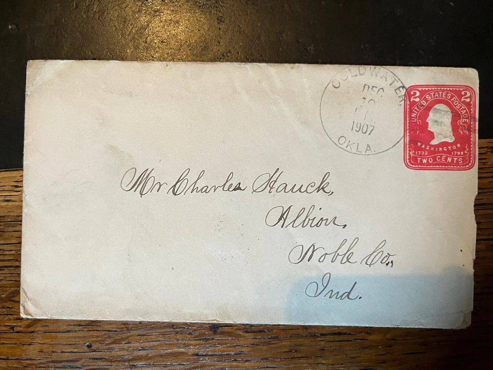 Coldwater Oklahoma OK DPO 1907 гашение обложки на Albion Indiana IN - Изображение 2 из 3